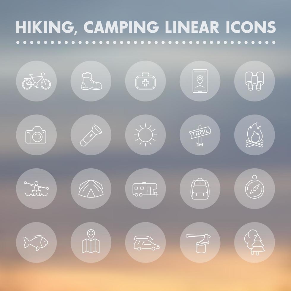 Hiking, camping, outdoor line icons, hiking boot, flashlight, tent, map, kayak, pictograms, transparent linear icons set, vector illustration