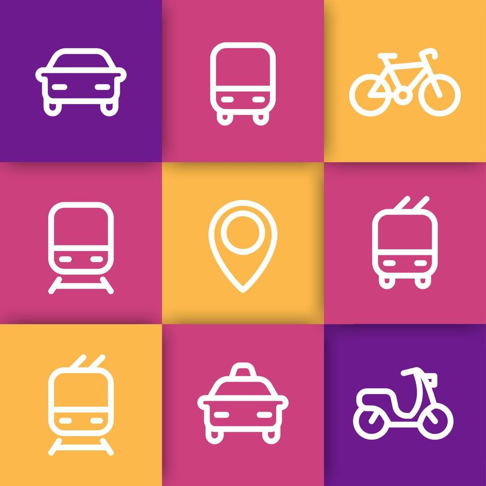 conjunto de iconos de ciudad y transporte público, señales de transporte público, ruta, autobús, metro, taxi, pictogramas de transporte público, iconos de línea gruesa, ilustración vectorial vector