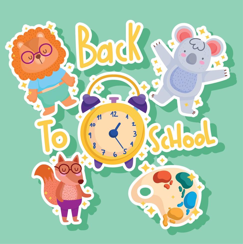 back to school, education cute animals and clock cartoon vector