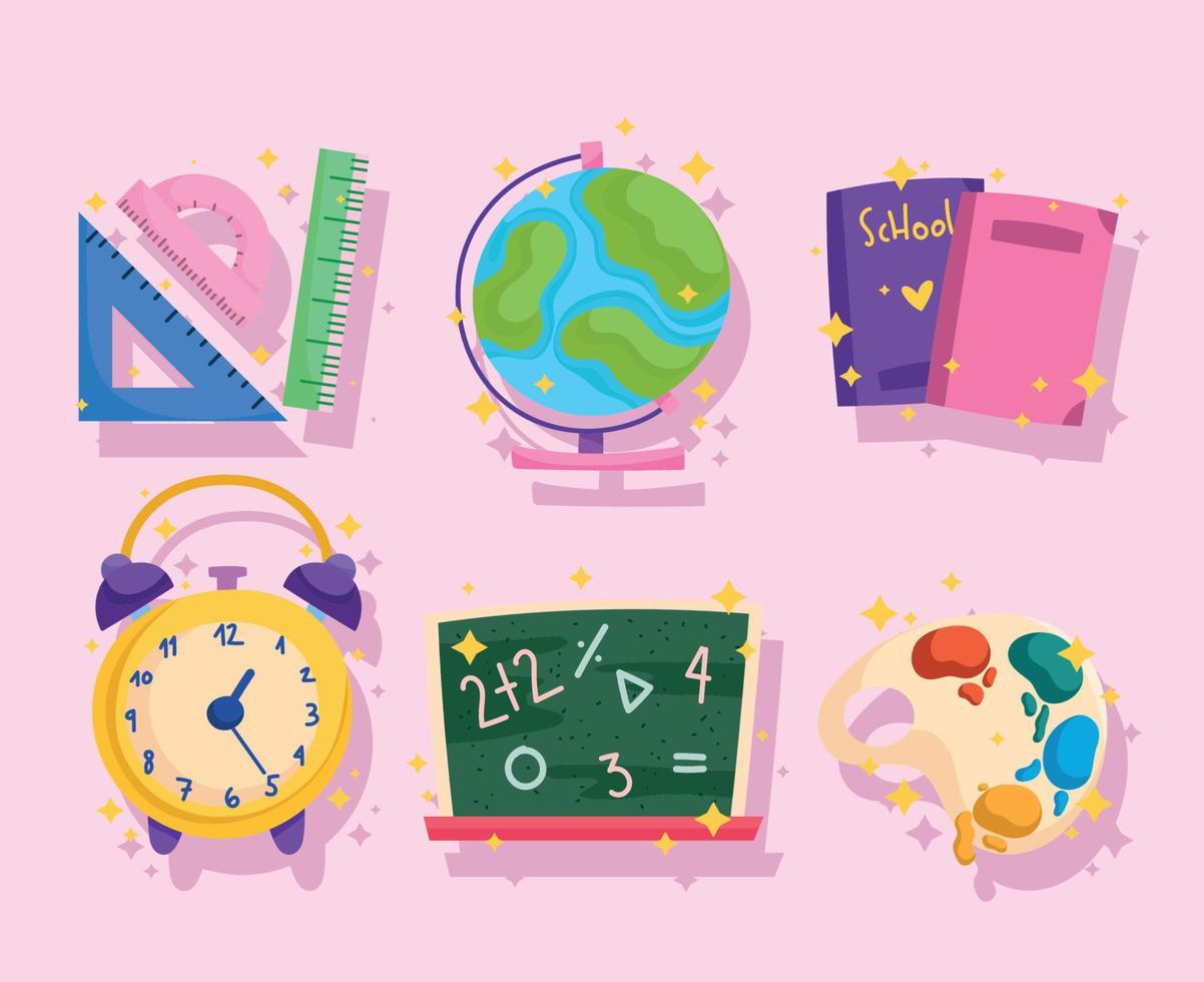 regreso a la escuela, libros de regla de globo de pizarra e iconos de reloj vector