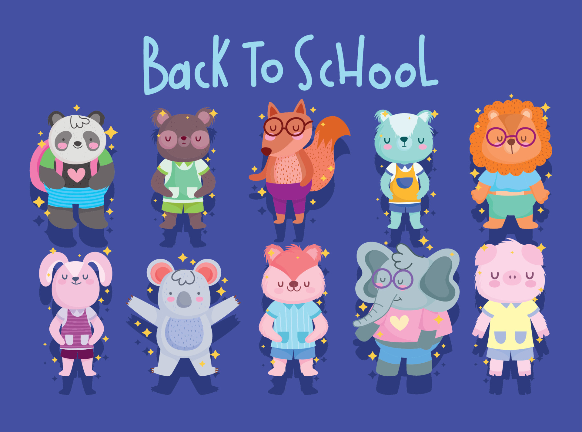 back to school, cute panda bear fox koala rabbit cat cartoon icons