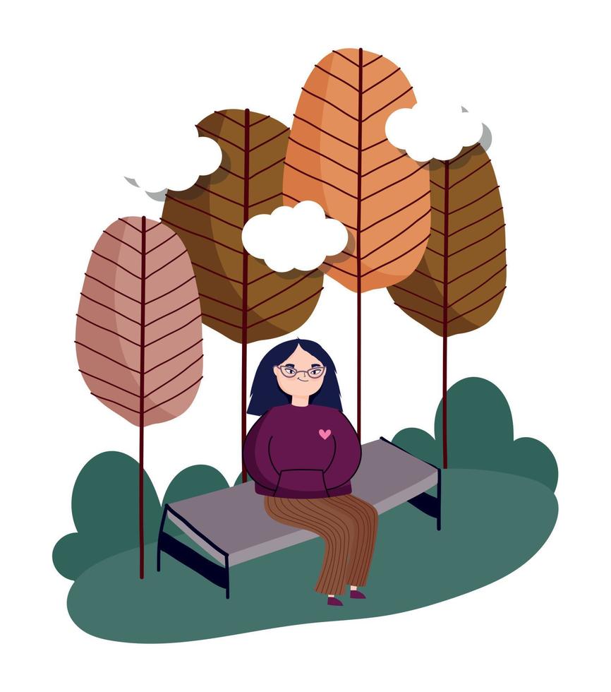 smiling woman sitting bench in the park leisure vector