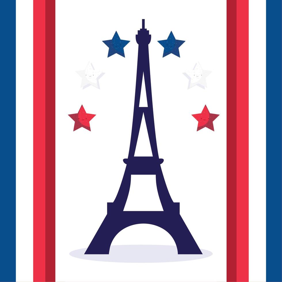 torre eiffel de francia con estrellas de feliz día de la bastilla diseño vectorial vector