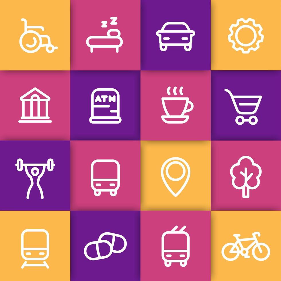 line icons for map on color squares, vector illustration
