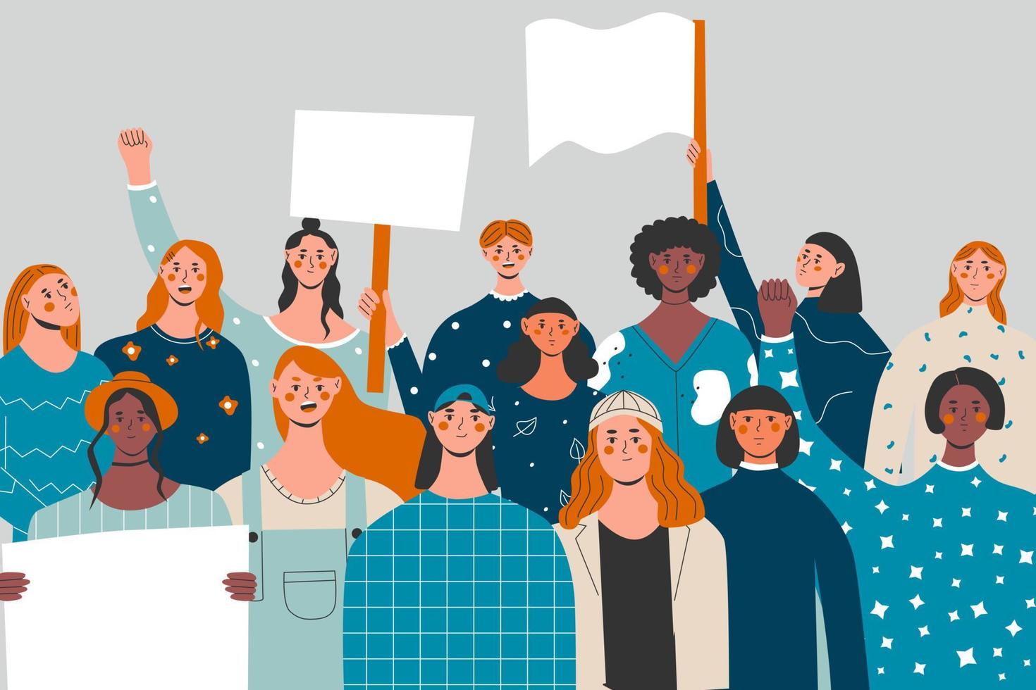 grupo multiétnico de mujeres manifestantes marchando con carteles. manifestación de mujeres, puño de feminismo. unión de los derechos de la mujer, poder femenino y solidaridad. vector