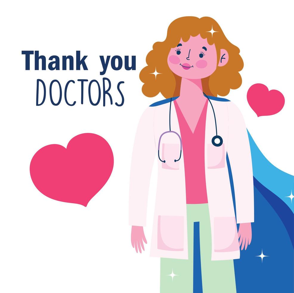 thanks you doctors, female physician with cape character, love hearts vector