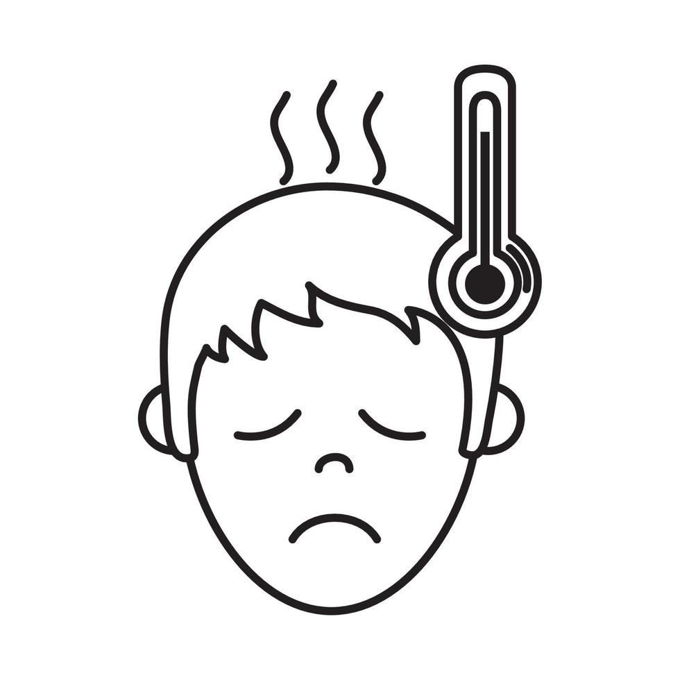 virus covid 19 pandemic boy with fever thermometer line style icon vector