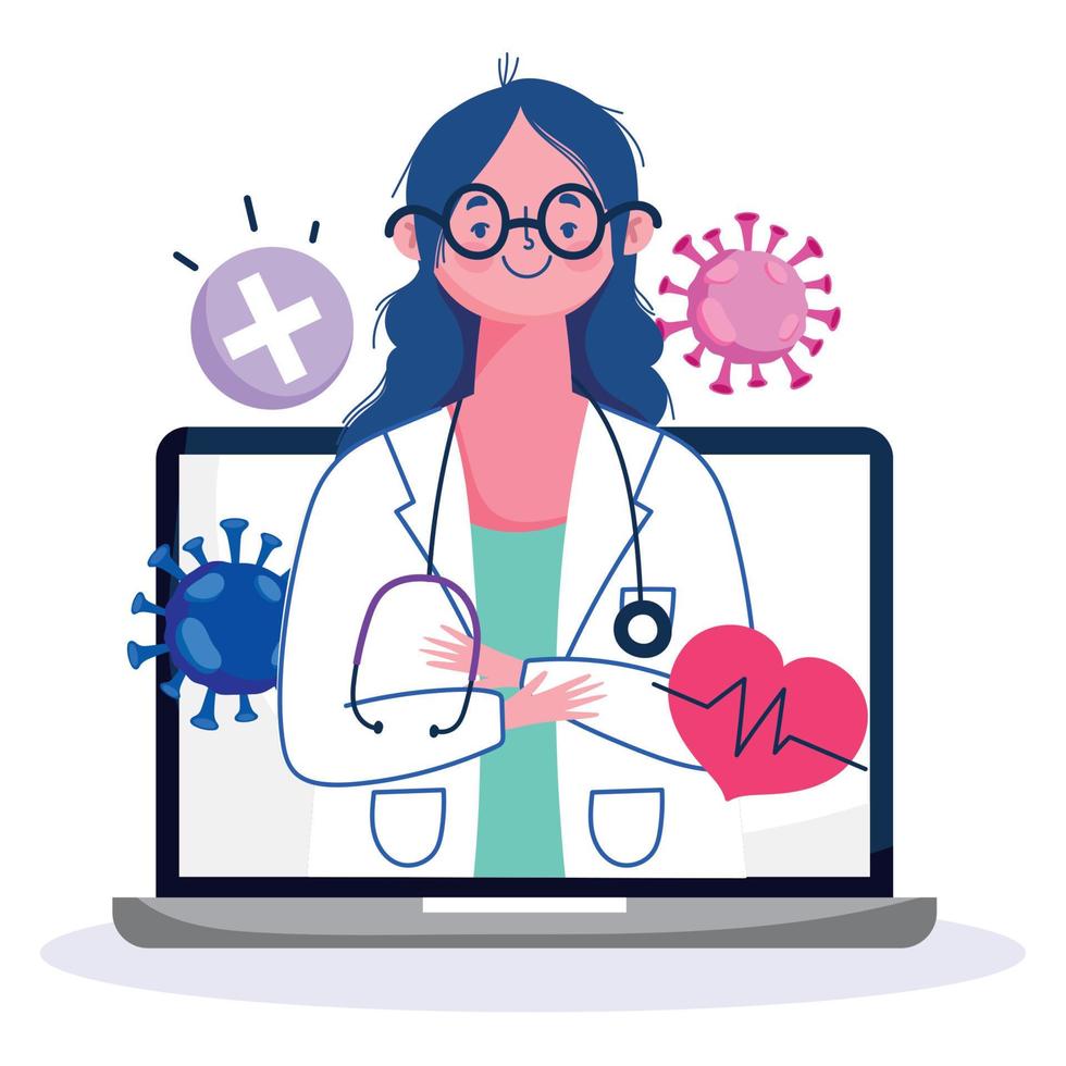 salud en línea, doctora profesional en diagnóstico de computadora portátil covid 19 pandemia vector