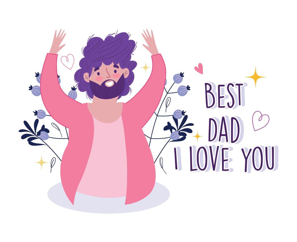 happy fathers day, cheerful bearded dad decoration greeting card vector