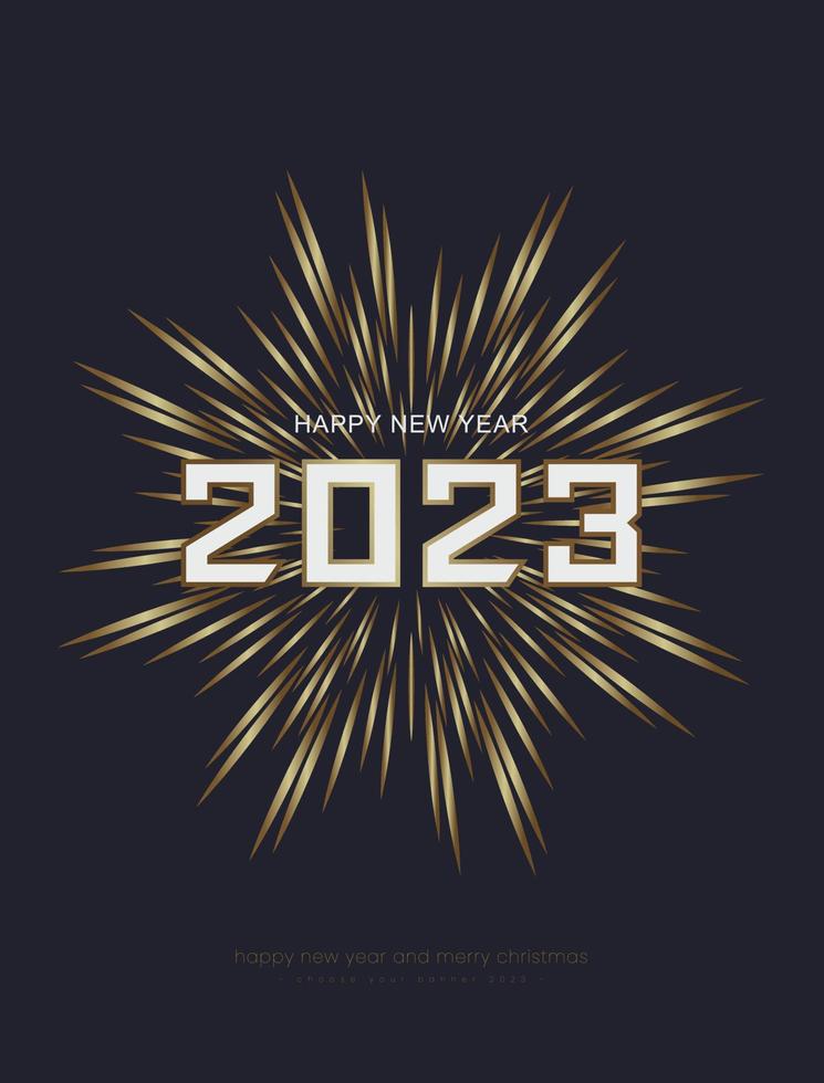 Happy New Year 2023 banner design, used in poster and print ads for new year, with glitter gold fireworks, Vector and illustration