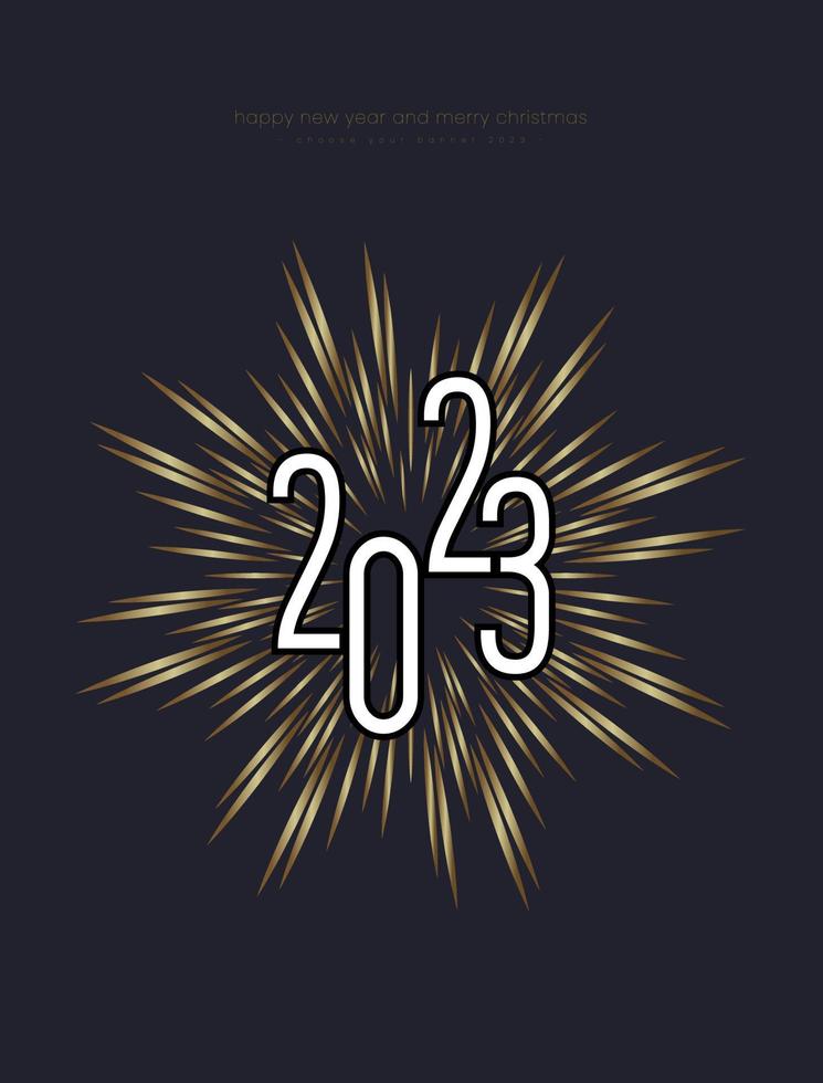 feliz diseño de pancartas de año nuevo 2023, utilizado en carteles y anuncios impresos para el año nuevo, con fuegos artificiales de oro brillante, vector e ilustración