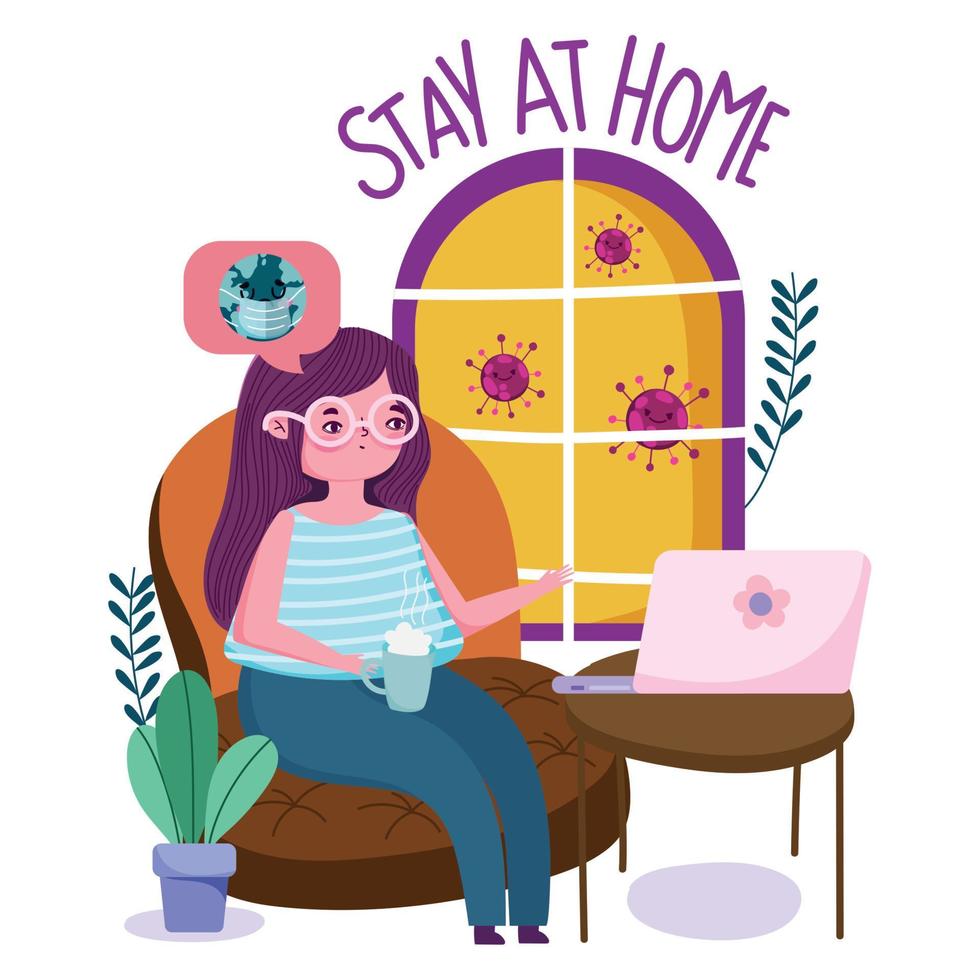 stay at home, young woman with laptop in room world with mask, quarantine prevention, covid 19 vector