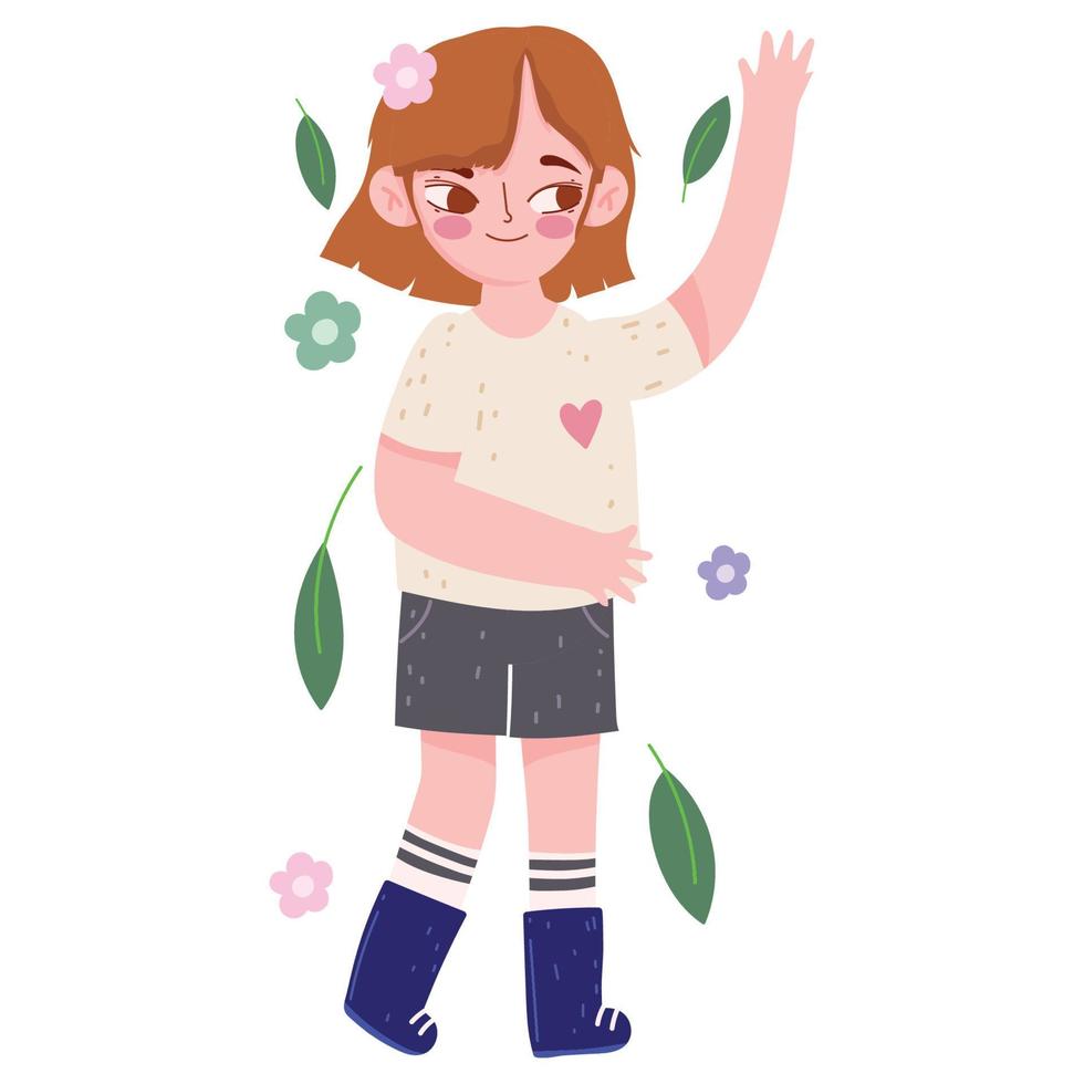 happy girl in casual clothes with flowers and leaf in cartoon style vector