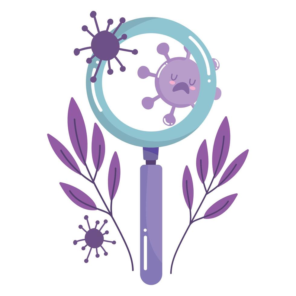 covid 19 virus cartoon lupe and leaves vector design