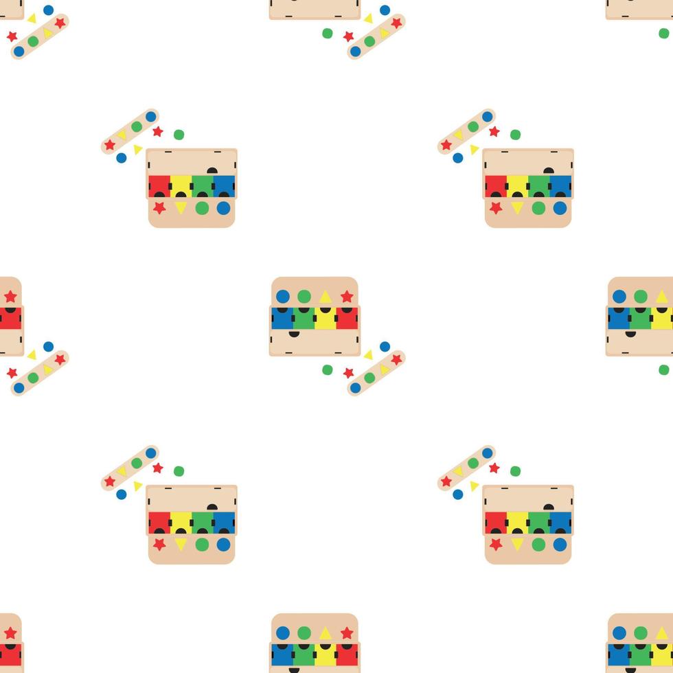Wooden toys for kids games. Baby seamless pattern with Montessori subject. Education logic toys for preschool kids. Montessori system for early childhood development. vector