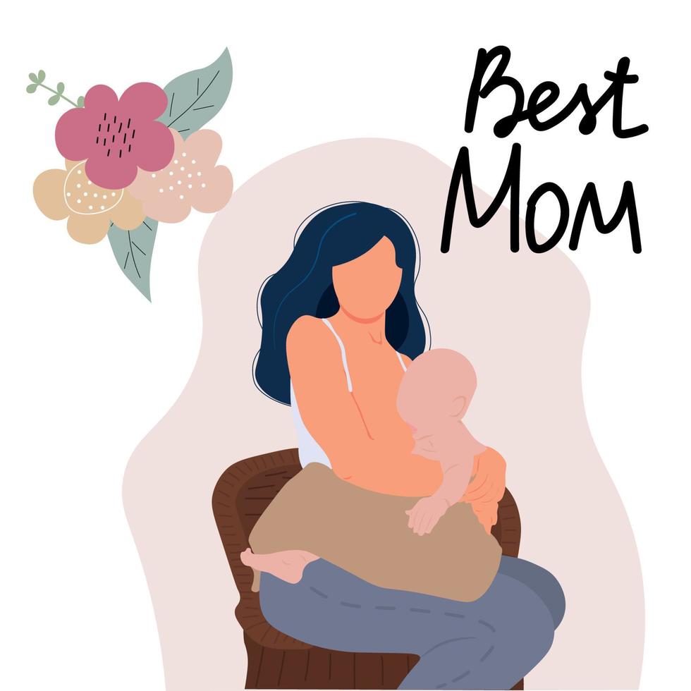 Mother feeding a baby. Breastfeeding illustration, Happy Mother's Day lettering. Perfect for card, flaer, gifts, poster, banner, birthday cards. vector