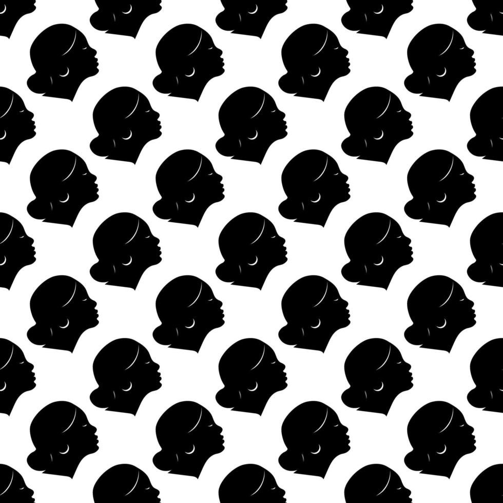 Black females silhouettes, face profile, vignette. Afro woman in profile. Hand drawn vector seamless pattern on white background. Design for invitation, greeting card, vintage style.