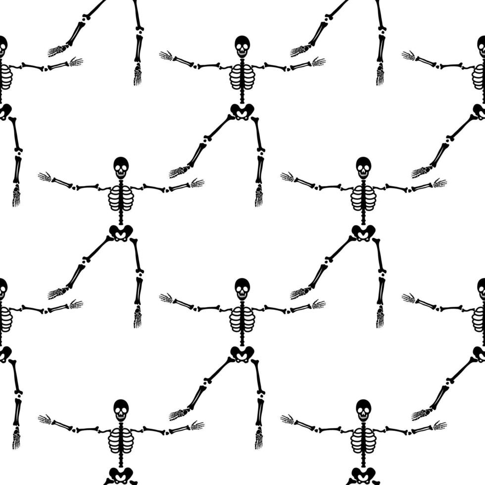 Black skeletons in various poses pattern. Halloween design. Perfect for fall, holidays, fabric, textile. Seamless repeat swatch. vector