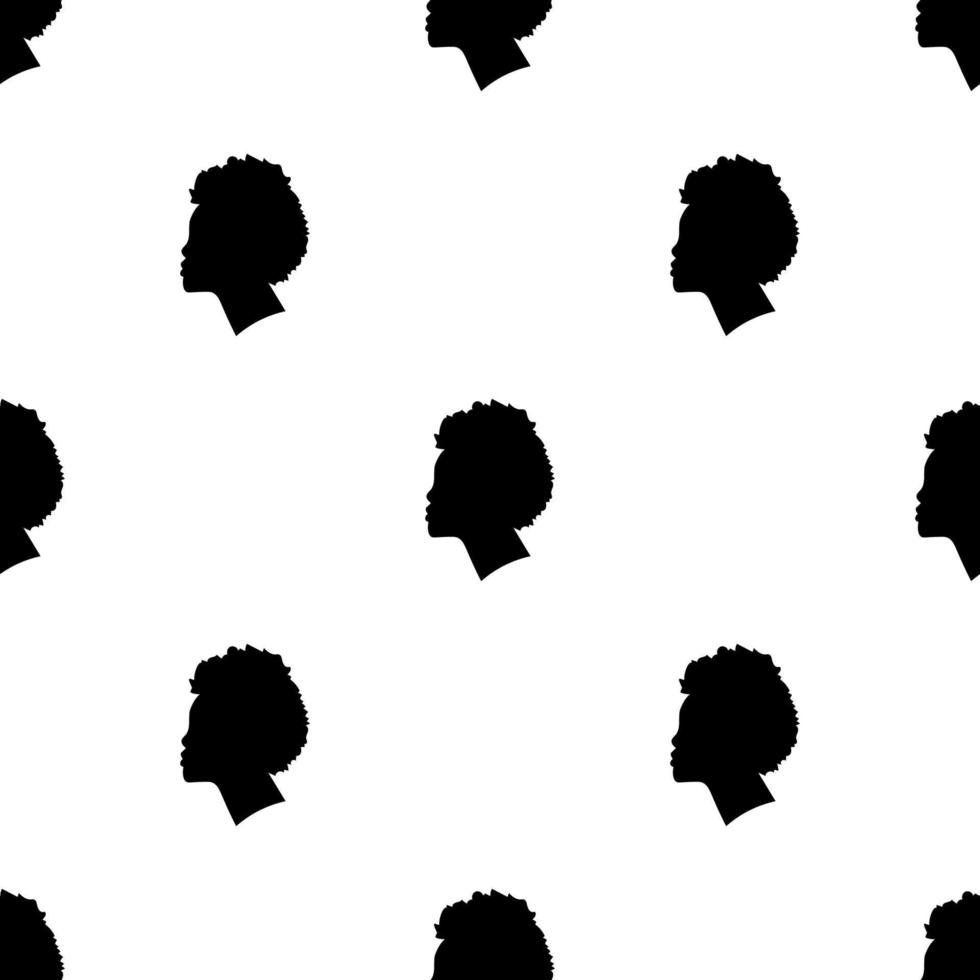 Black females silhouettes, face profile, vignette. Afro woman in profile. Hand drawn vector seamless pattern on white background. Design for invitation, greeting card, vintage style.