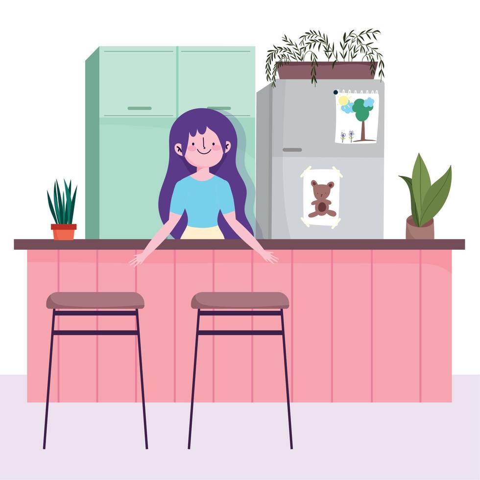 people cooking, girls with fridge counter and chairs in the kitchen vector