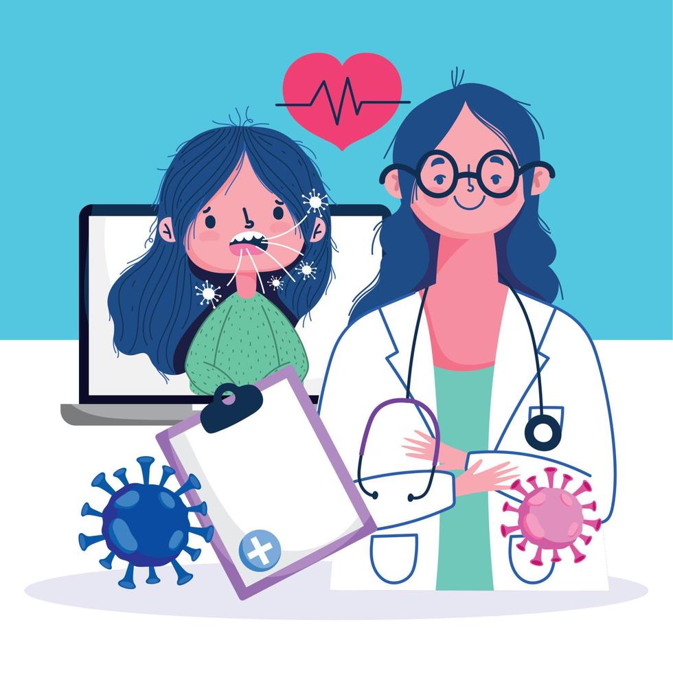 salud en línea, doctora con computadora y paciente con tos covid 19 pandemia vector