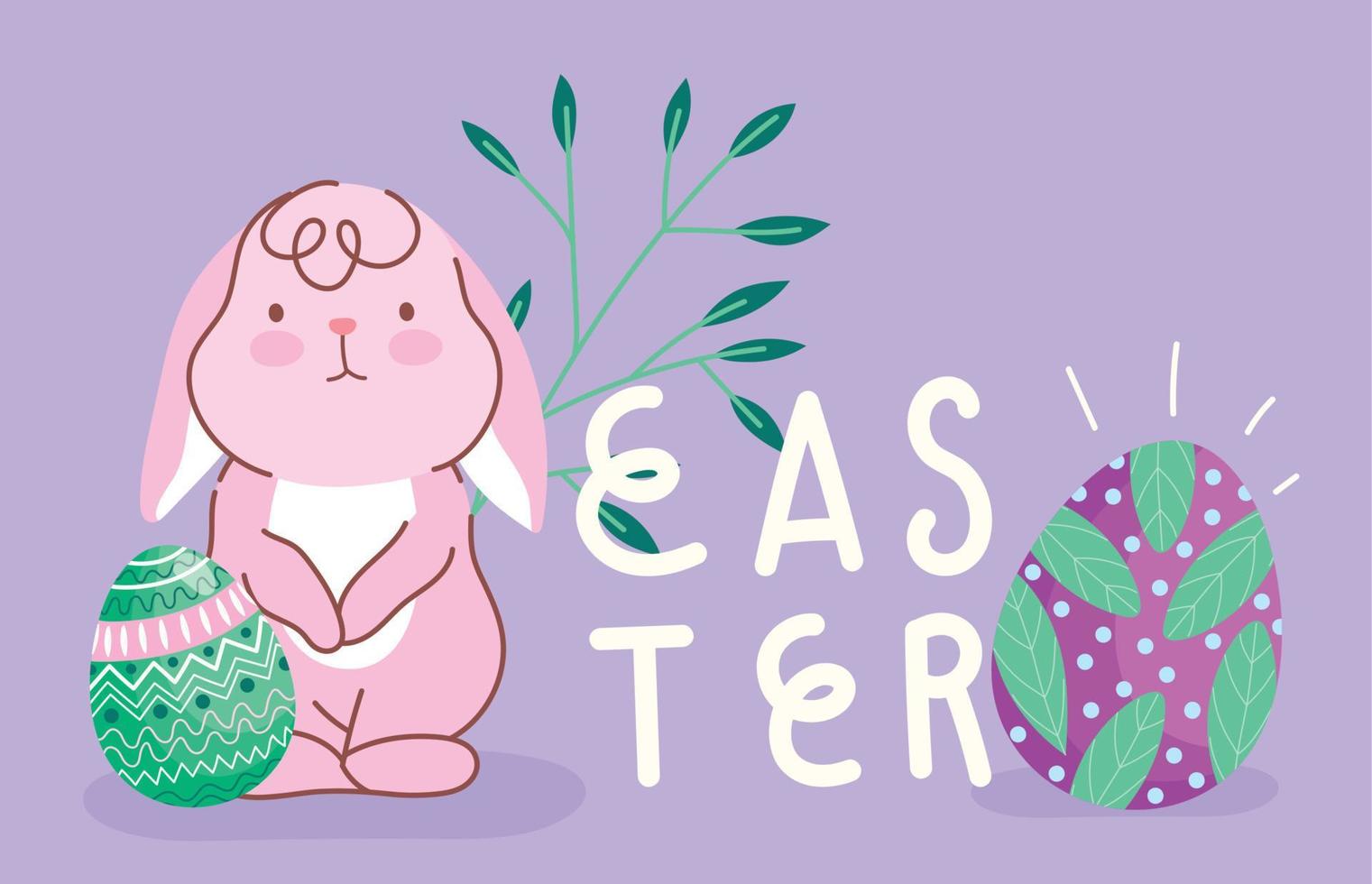 happy easter greeting card bunny eggs folaige leaves decoration card vector