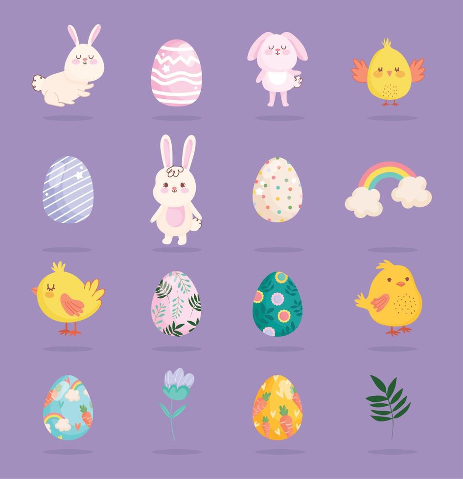 happy easter cute rabbits chickens rainbow eggs flower icons vector