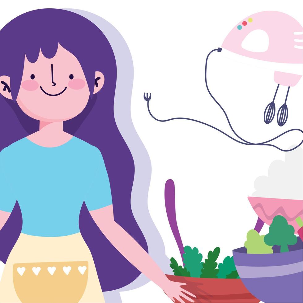 people cooking, girl with vegetables in bowl and electric mixer vector