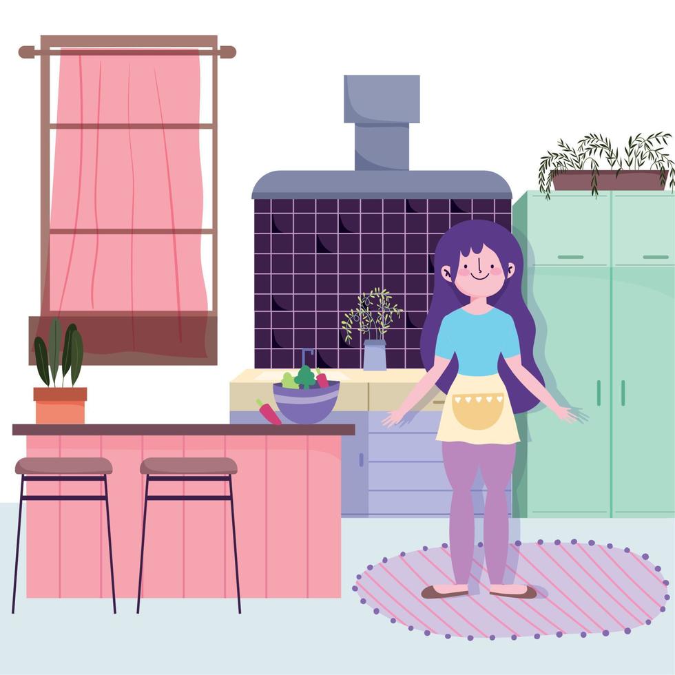 people cooking, girl with vegetables bowl furniture kitchen vector