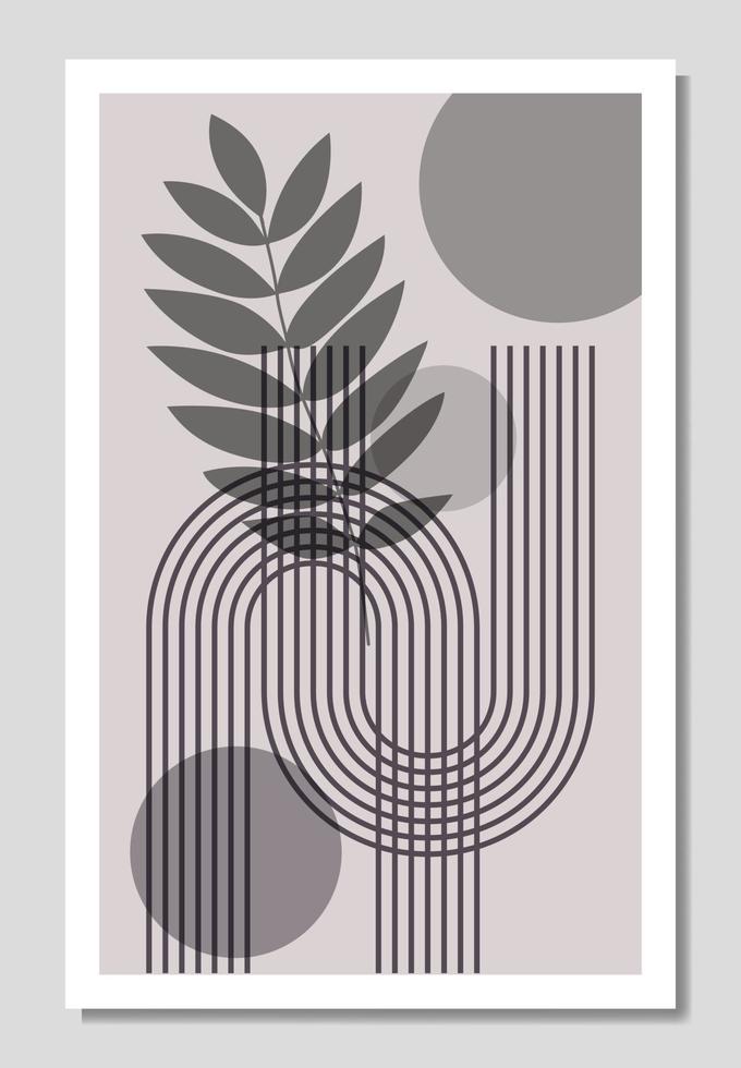 Botanical and geometrical poster vector. Floral line art drawing with abstract shapes. Abstract leaf art design for print, cover, wallpaper, Minimalistic and natural wallpaper. Vector illustration