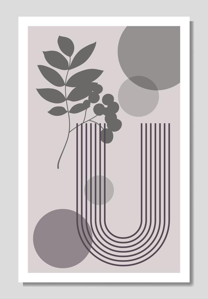vector de cartel botánico y geométrico. dibujo de arte de línea floral con formas abstractas. diseño de arte de hoja abstracta para impresión, portada, papel tapiz, papel tapiz minimalista y natural. ilustración vectorial