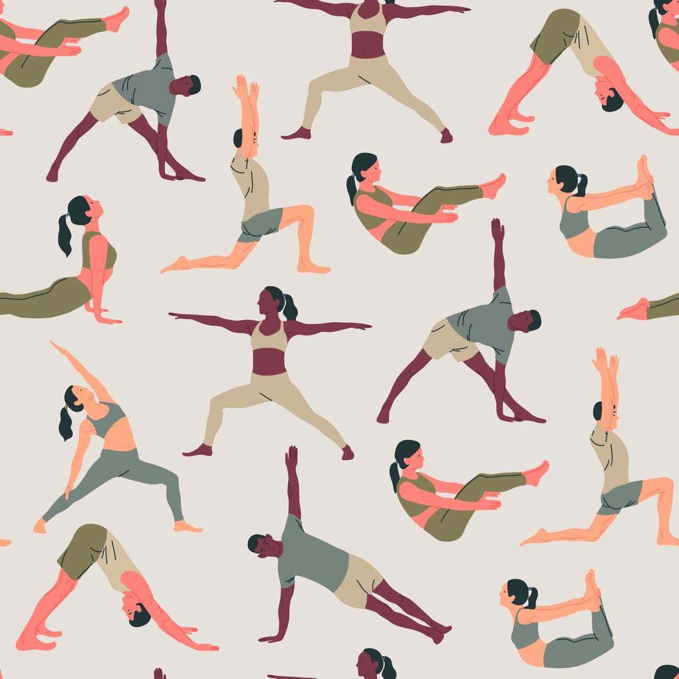 Seamless pattern with young people wearing sportswear doing yoga. The concept of sport, gym, yoga, pilates, fitness, meditation and relax. Health care and lifestyle concept. Vector illustration.