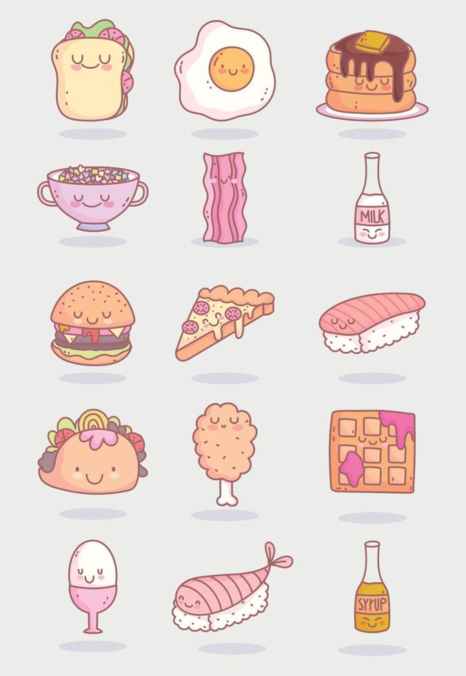 food cute characters menu restaurant icons vector