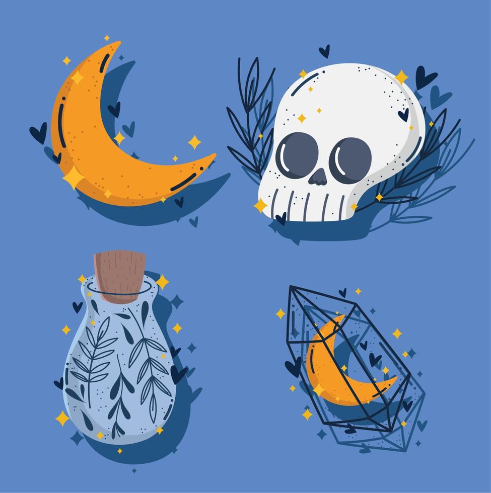 iconos de botella de hechizo de luna de cráneo de dibujos animados mágicos vector