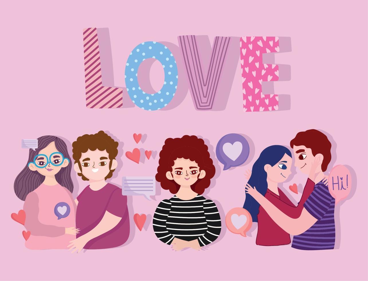 couples cartoon love text and hearts romantic cartoon vector