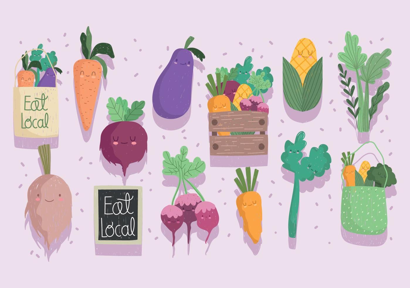 comer vegetales locales alimentos saludables iconos de dibujos animados vector