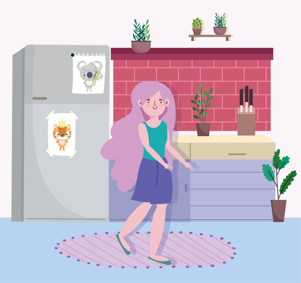 people cooking, girls with fridge counter in the kitchen vector