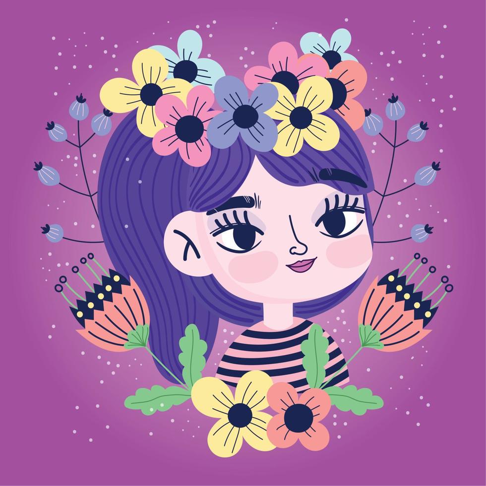 cute girl with flowers in the head decoration botany vector