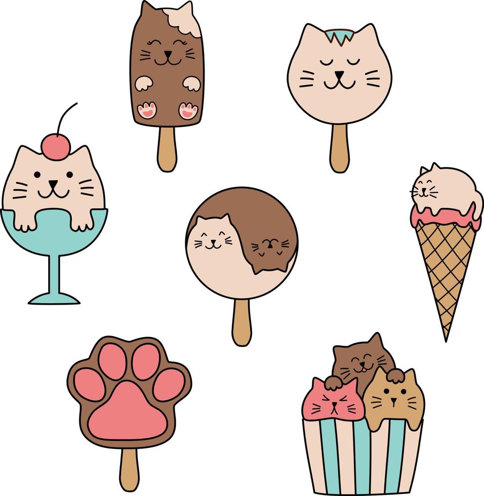 Ice cream cats vector doodle set