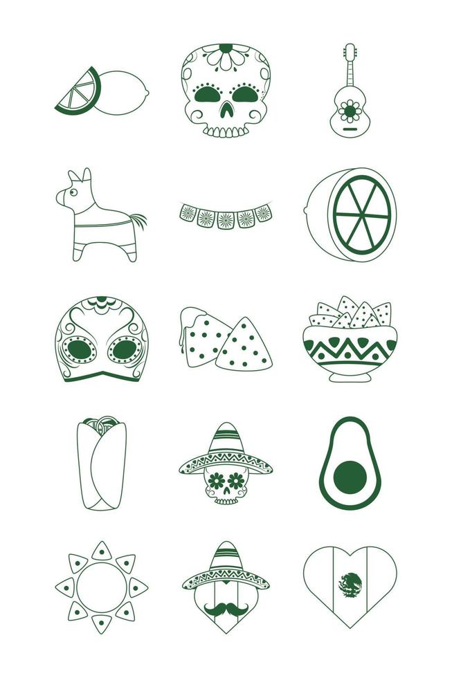 cinco de mayo mexican celebration festive party national icons set line style icon vector