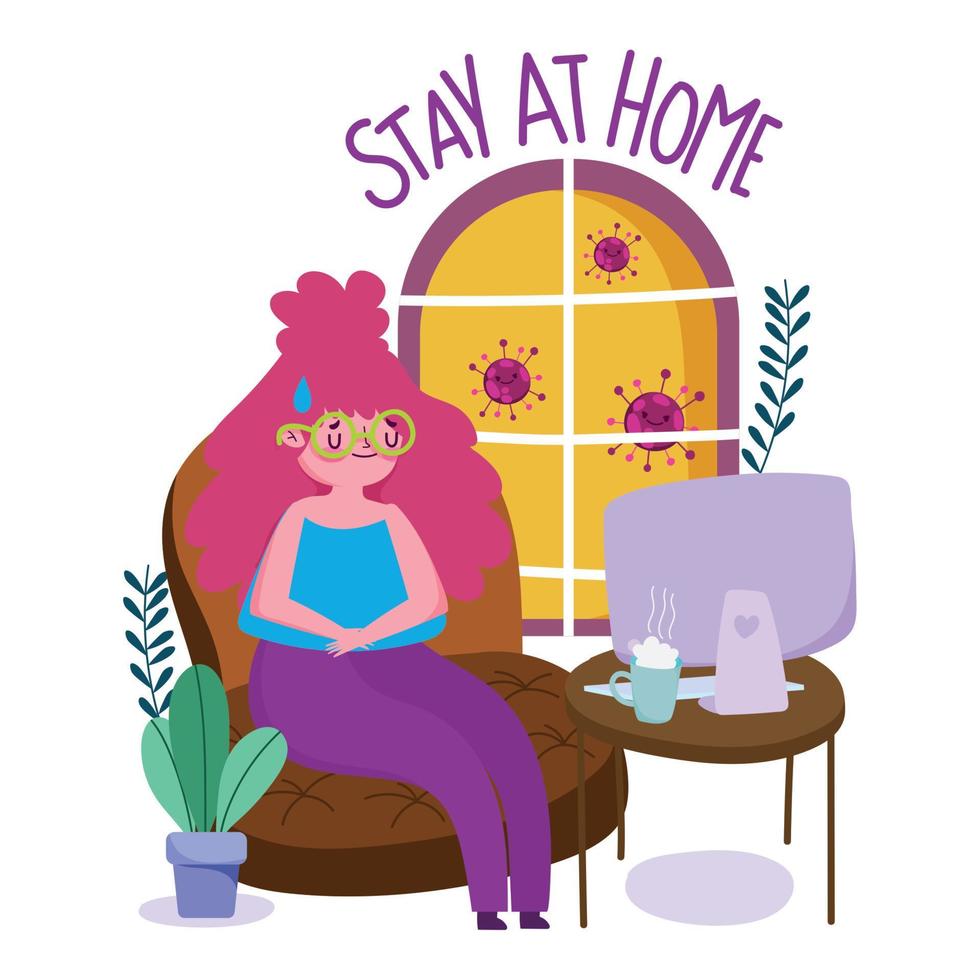 stay at home, young woman with computer teleworking quarantine prevention, covid 19 vector