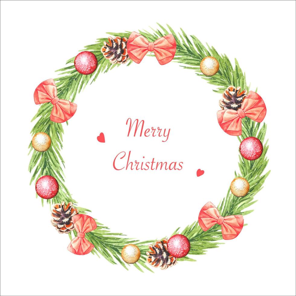 Christmas wreath of fir branches, with fir cones, bows, balls, watercolor vector