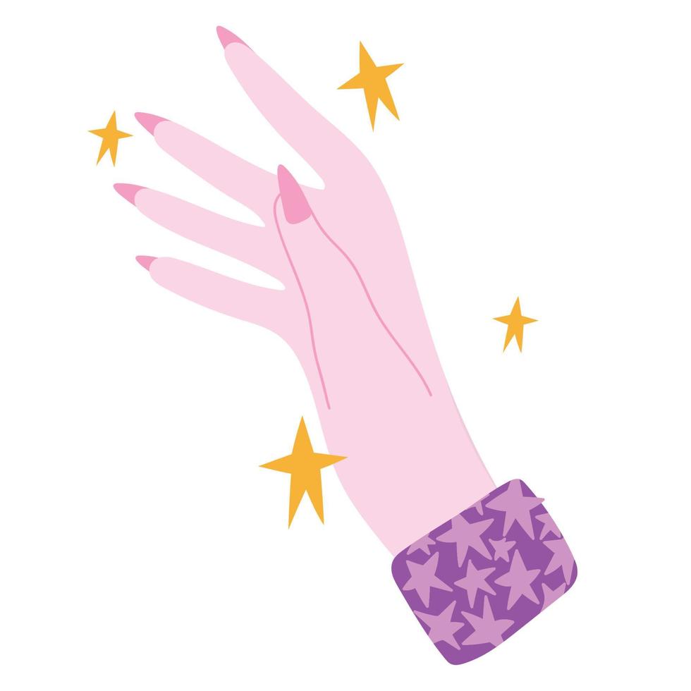 manicure, female hand with painting nails of pink color in cartoon style vector