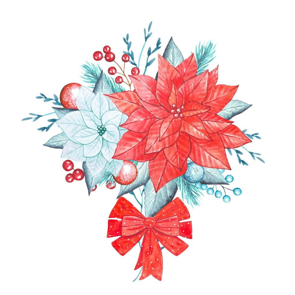 Christmas bouquet with poinsettia, berries in red and blue tones, watercolor vector