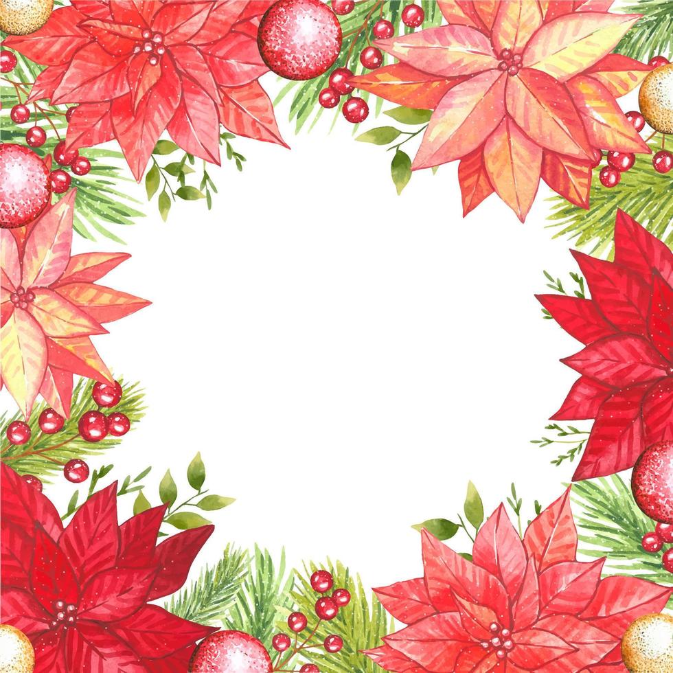 Square frame with red poinsettia, berries and leaves, watercolor vector