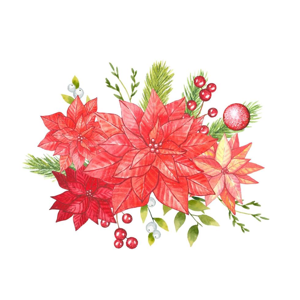 Bouquet with red poinsettia, green leaves, watercolor vector