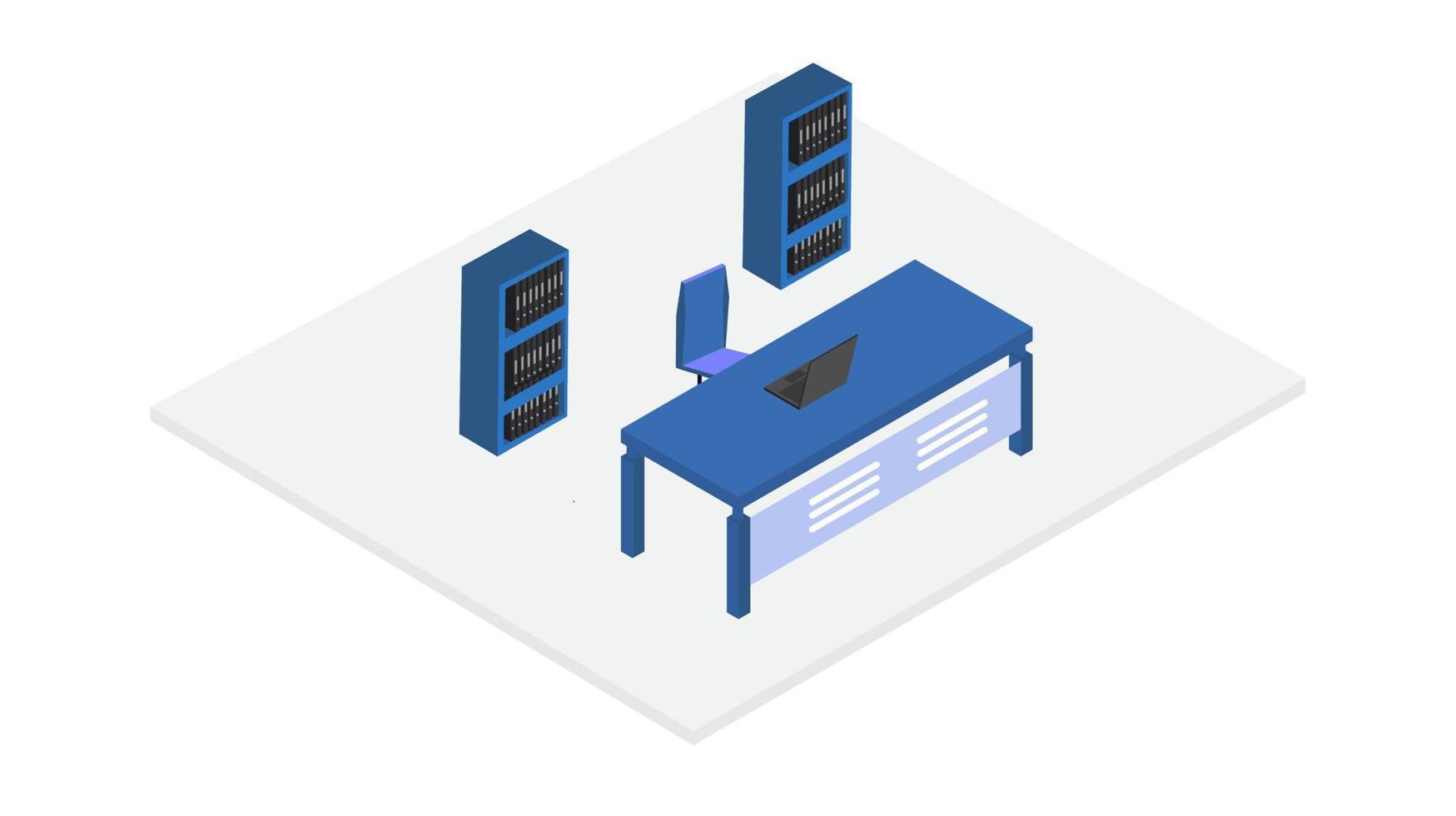 vector de concepto de espacio de trabajo de tecnología 3d isométrica plana. computadora portátil, teléfono inteligente, tableta, computadora de escritorio, ilustración de concepto isométrico de vector de lugar de trabajo de oficina. mesa de trabajo con mesa, silla, computadora de escritorio,