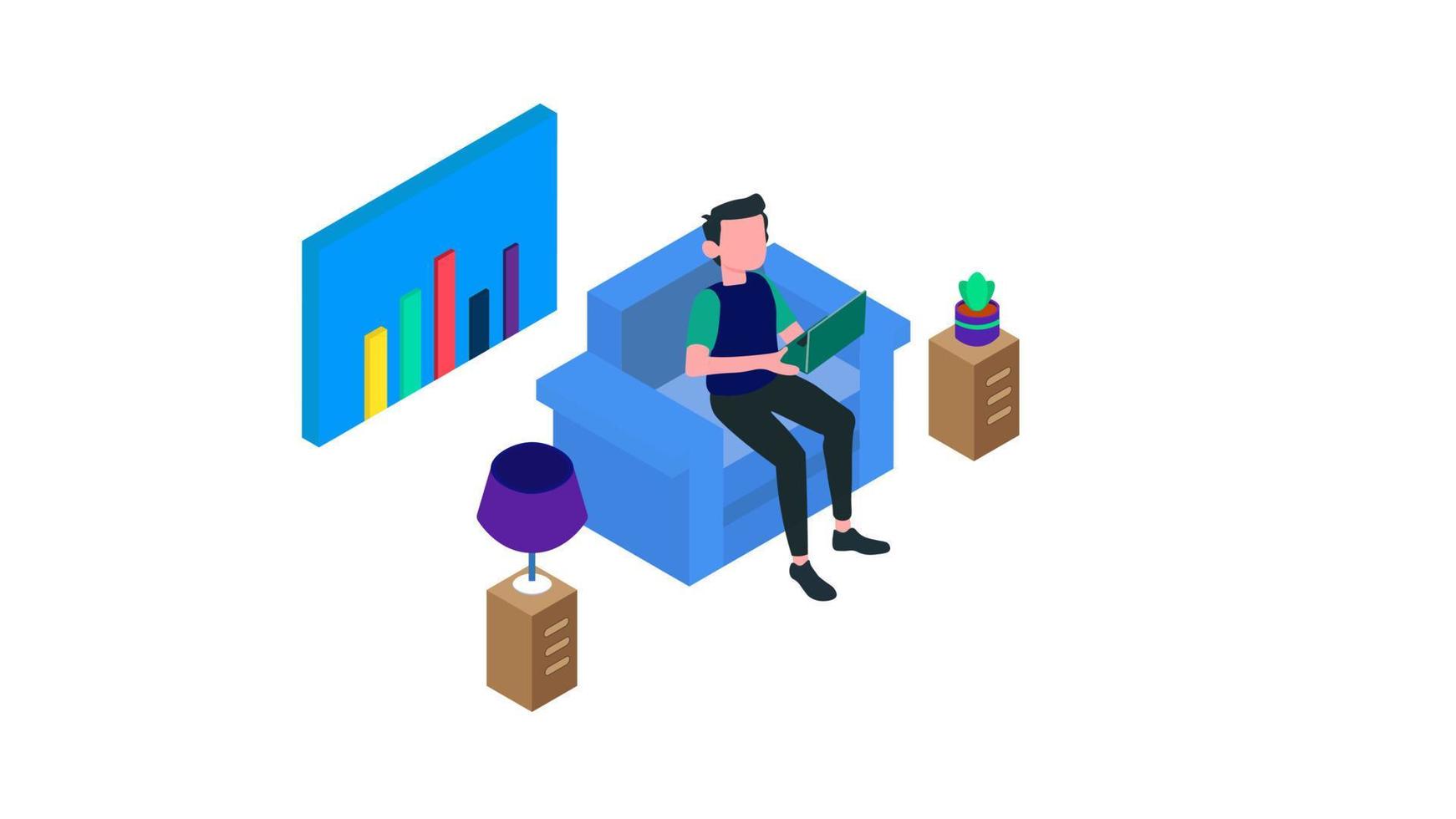 Isometric man working project sitting on computer with command line. Smart man freelancer working remote sitting on chair at workplace isolated ,business anylise vector