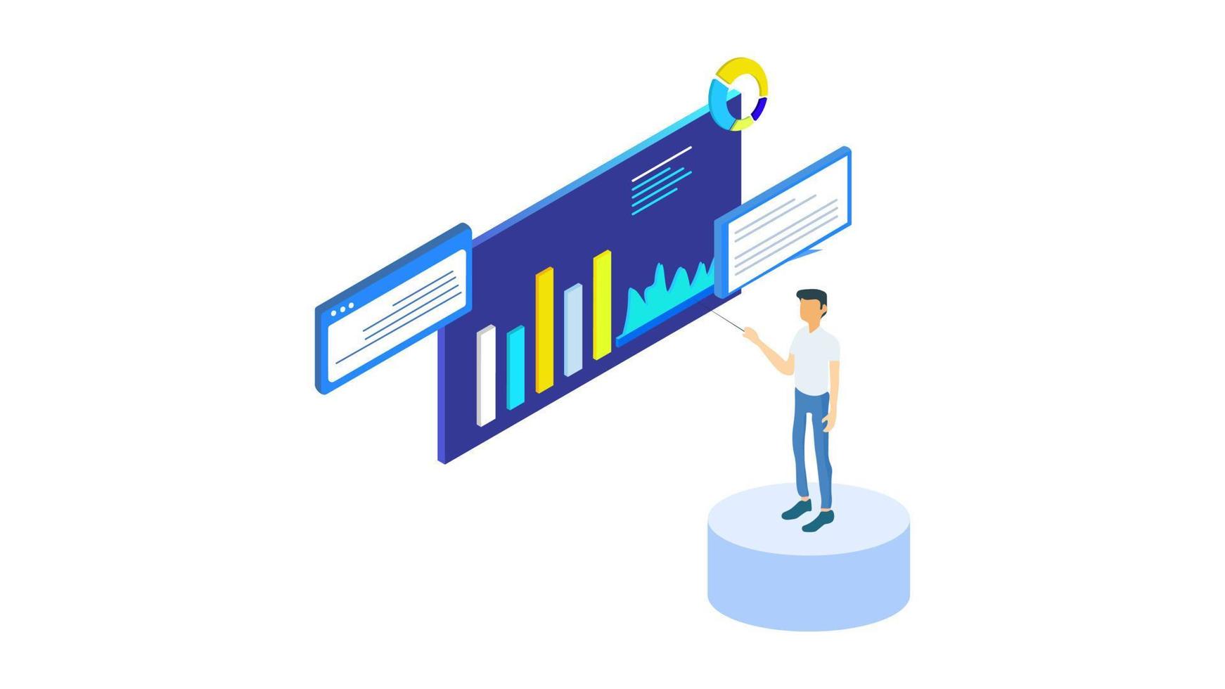 análisis de negocios isométricos y tecnología financiera, concepto de visualización de datos. equipo de expertos isométricos para análisis de datos, estadísticas comerciales, gestión, consultoría, marketing. vector