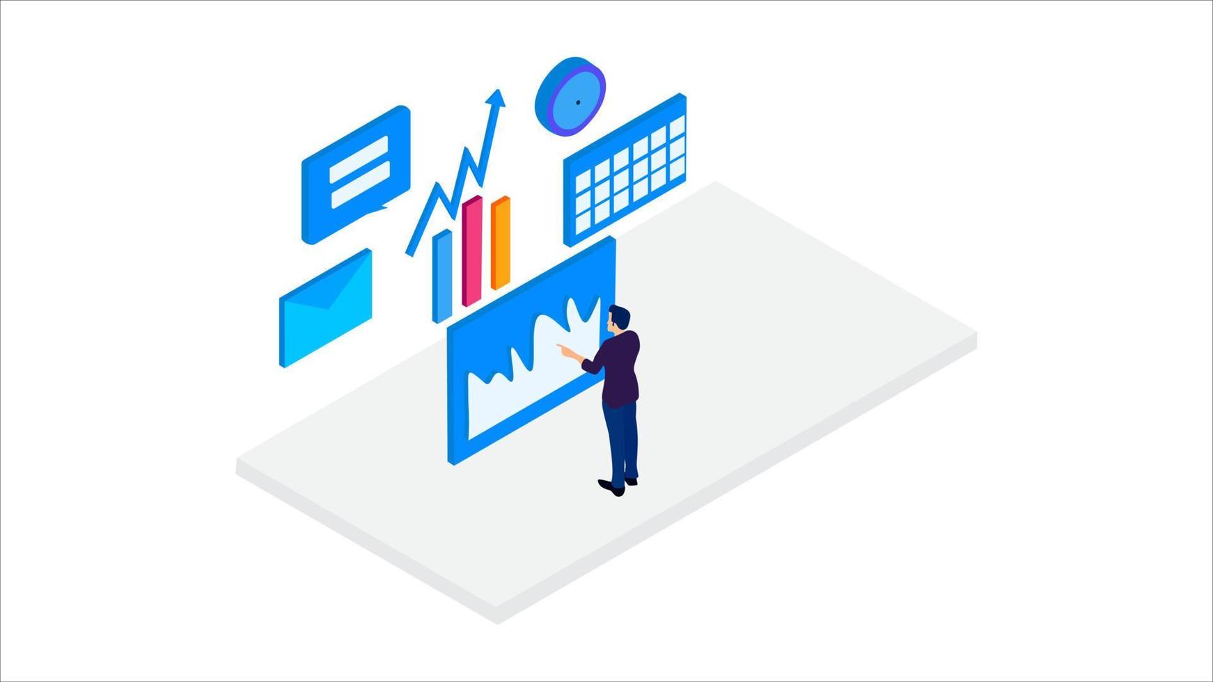 Isometric  business people working together .Project management and financial report strategy. Isometric business analysis planning. Flat isometric characters vector illustration.